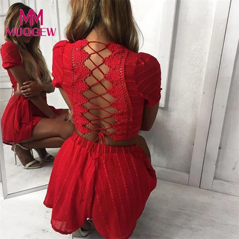 

Fashion Popular Women Back Hollow Halter Bandage Short Sleeve Shirt Top with Shorts Pant 2PCS Clothes Sets Outwears