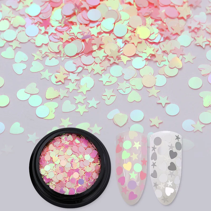 

Pink Silver Nail Sequins AB Color Iridescent Flakes Star Heart Round Nail Glitter Paillette Nail Sequins for UV Gel Polish 1g