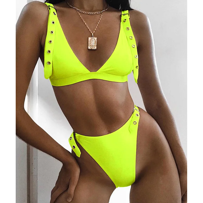 Online Neón verde alta cintura bikini 2019 correa de ajuste traje de baño mujeres Tanga traje de baño dos piezas bikini conjunto brasileño traje de baño