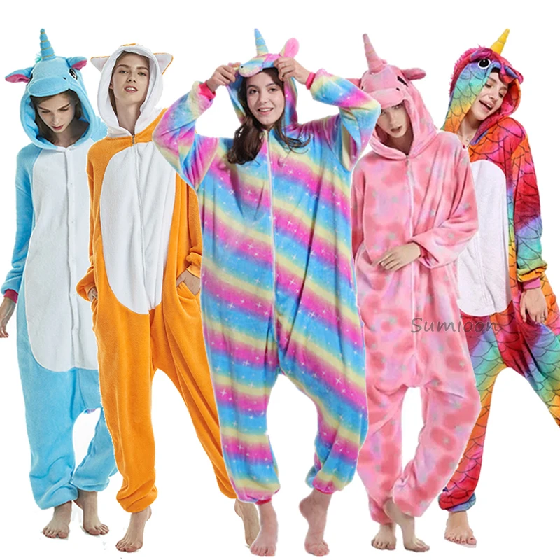 

Winter Kigurumi Pajamas Rainbow Unicorn Adults Women Animal Pajamas for Girls Costume Flannel Panda Stitch Onesie Sleepwear 2019