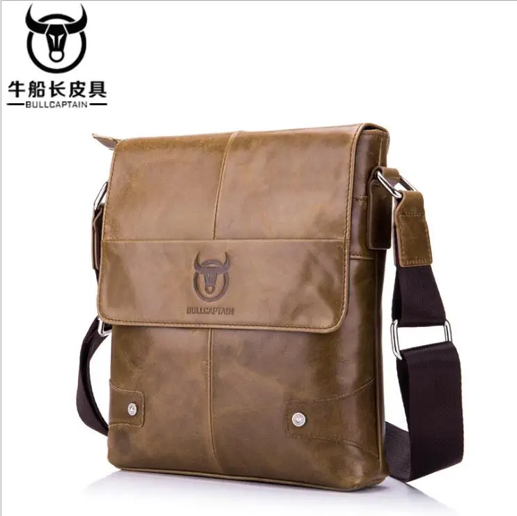 BULLCAPTAIN, мужской портфель, сумка из натуральной кожи, мужская сумка через плечо, маленькие деловые сумки, мужские кожаные сумки через плечо - Цвет: Темный хаки