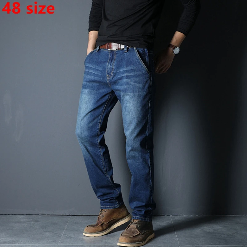 

Autumn and winter models elastic zipper pocket jeans men straight casual black plus fertilizer XL pants big size 48 yards