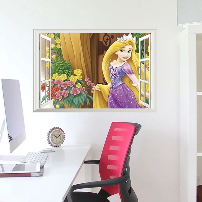 3D View Window Disney Cartoon Princess Wall Stickers For Home Decor Kids Girls Rooms Mural Art PVC Wall Decals/adesivo de parede