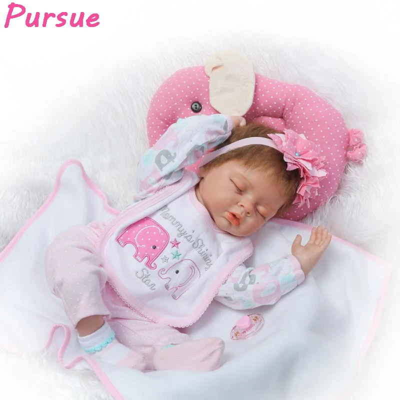 

Pursue 22"/55 cm Pink Dress Sleeping Silicone Reborn Baby Dolls Cloth Body Newborn Baby Doll for Girls with Plush Elephant Gift