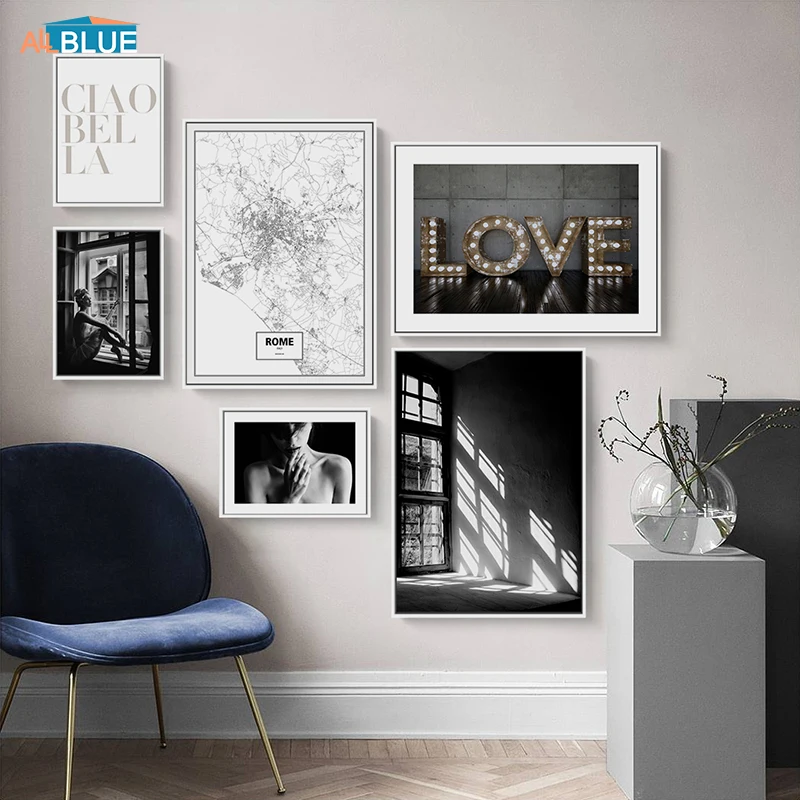 

Nordic Poster Black And White Canvas Prints Girl Love Quote Vintage Decorative Picture Wall Pictures For Living Room Home Decor