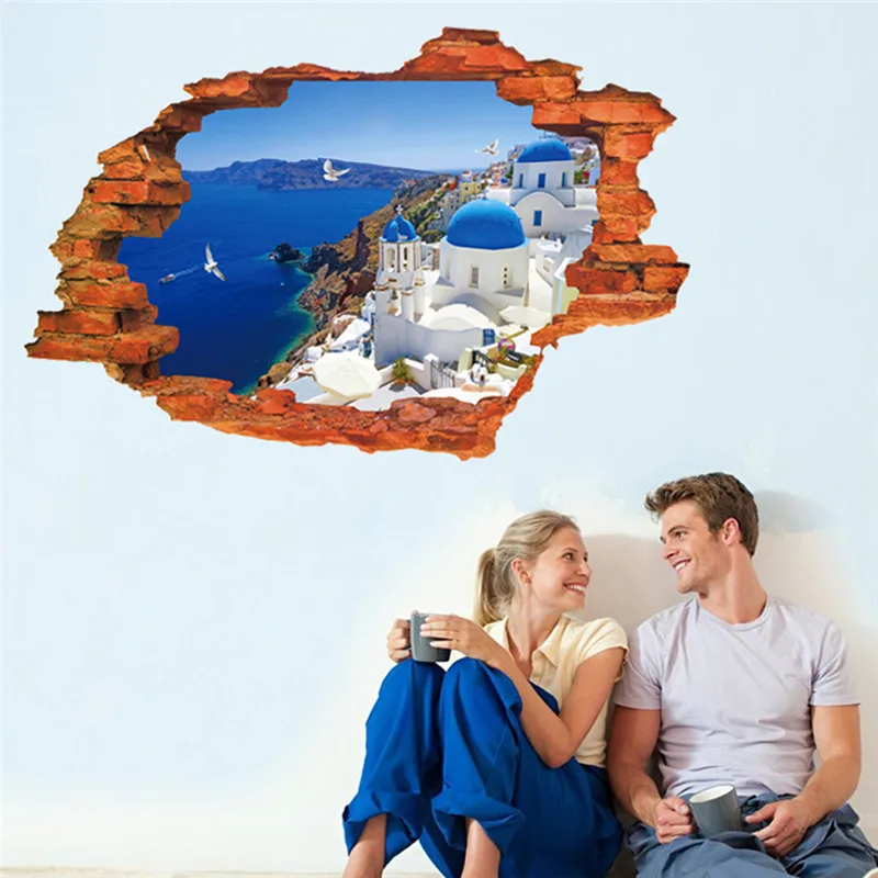 

beautiful Santorini Aegean Sea Blue Sky 3D window view wall sticker hole landscape scenery home decor for couple new house mural