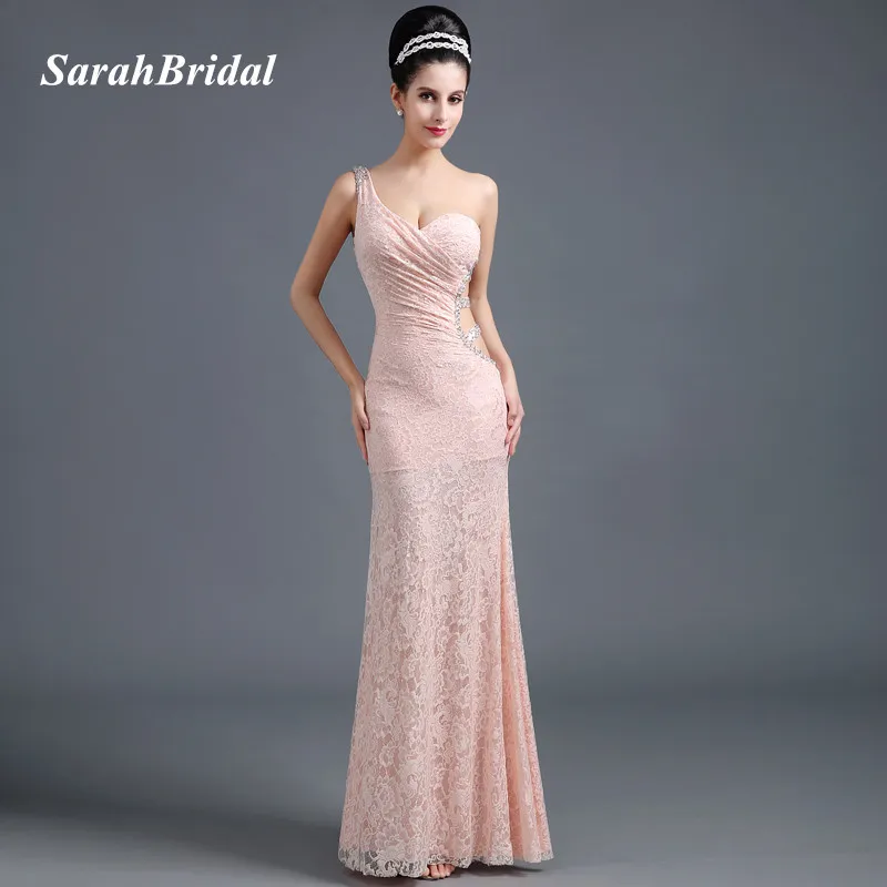 

Sexy Hollow Side Mermaid Evening Dresses One Shoulder 2017 Shining Beading Blush Lace Women Prom Gowns Long vestidos de noche