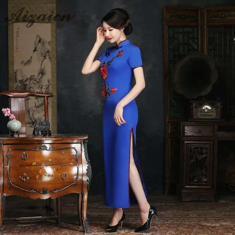 Шелк Длинные Cheongsam Qipao для женщин Формальные Vestidos Красный пикантные китайское традиционное платье костюмы плюс размеры восточные платья