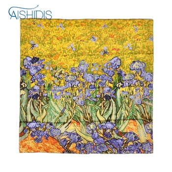 

Women Handkerchief 100% Real Silk Scarf Hand Rolled Edges Flower Wraps & Scarves Famous Works - Van Gogh's Irises 1890