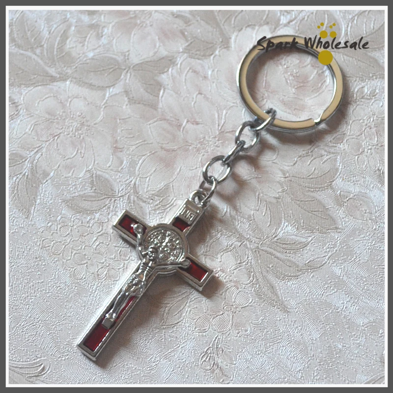 25pcs/lot Wholesale Catholic Red Enamel St. Benedict Cross Key Chain Religious Metal Cross