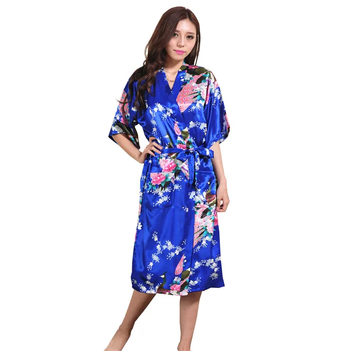 Модные золотые Для женщин Silk район Ночное Sexy кимоно Robe платье цветок Pijama feminino oversize размеры S M L XL XXL, XXXL s001-i - Цвет: Blue
