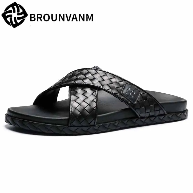 

Men's slippers summer fashion men sandals flip-flops outside soft British retro all-match cowhide Genuine Leather casual Shoes