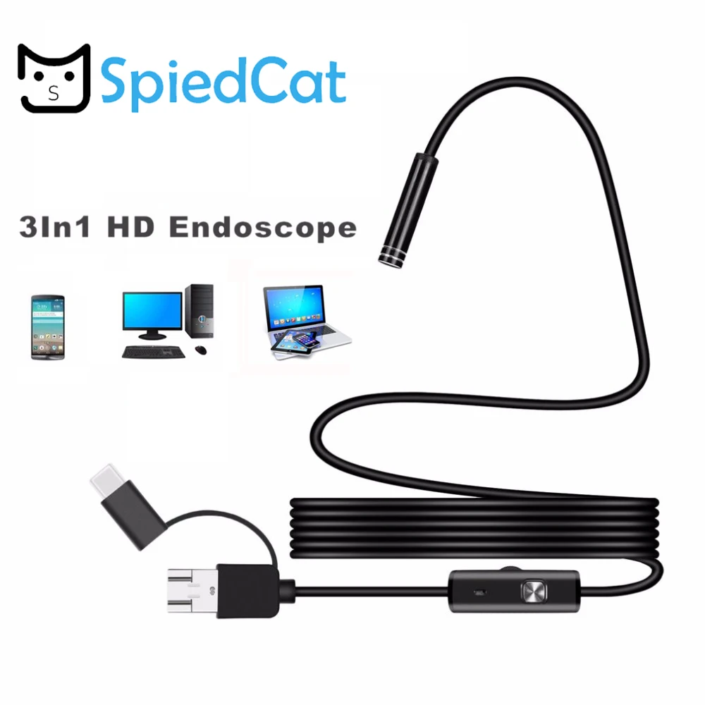

3in1 8mm 1200P Android PC Endoscope Camera USB TypeC Inspection Endoscope 2m Cable soft Cable Led Light Waterproof Mini Camera
