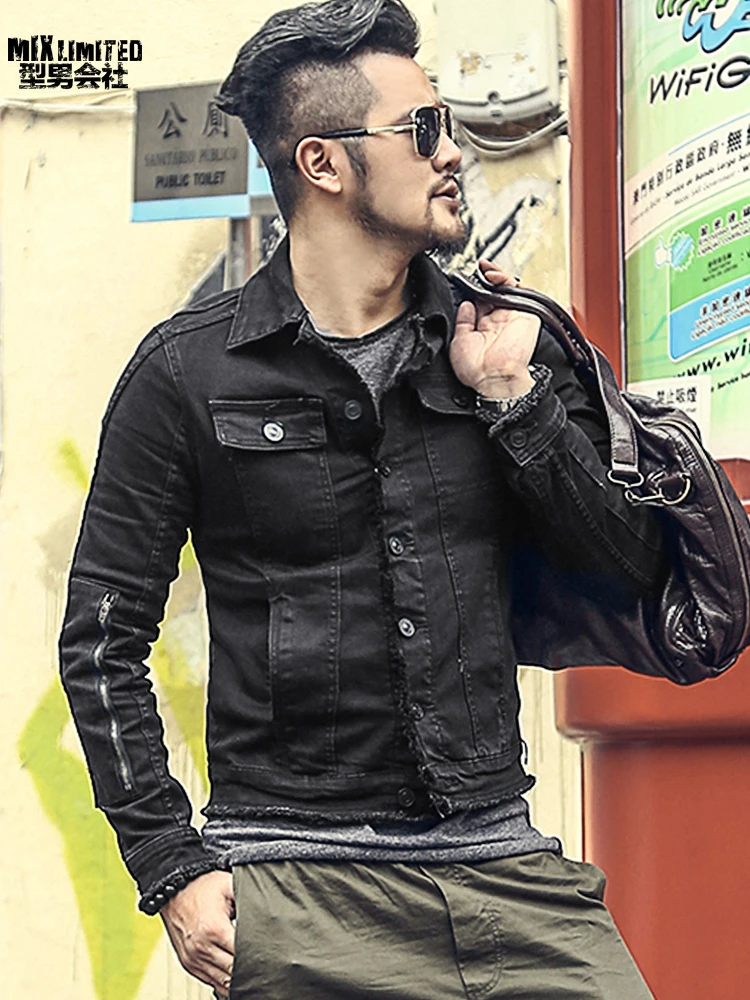 

Men's Autumn Slim Casual Black Denim European Style Fashion Jacket Mextrosexual Men Solid Hip Hops Retro Outwear Jacket F313