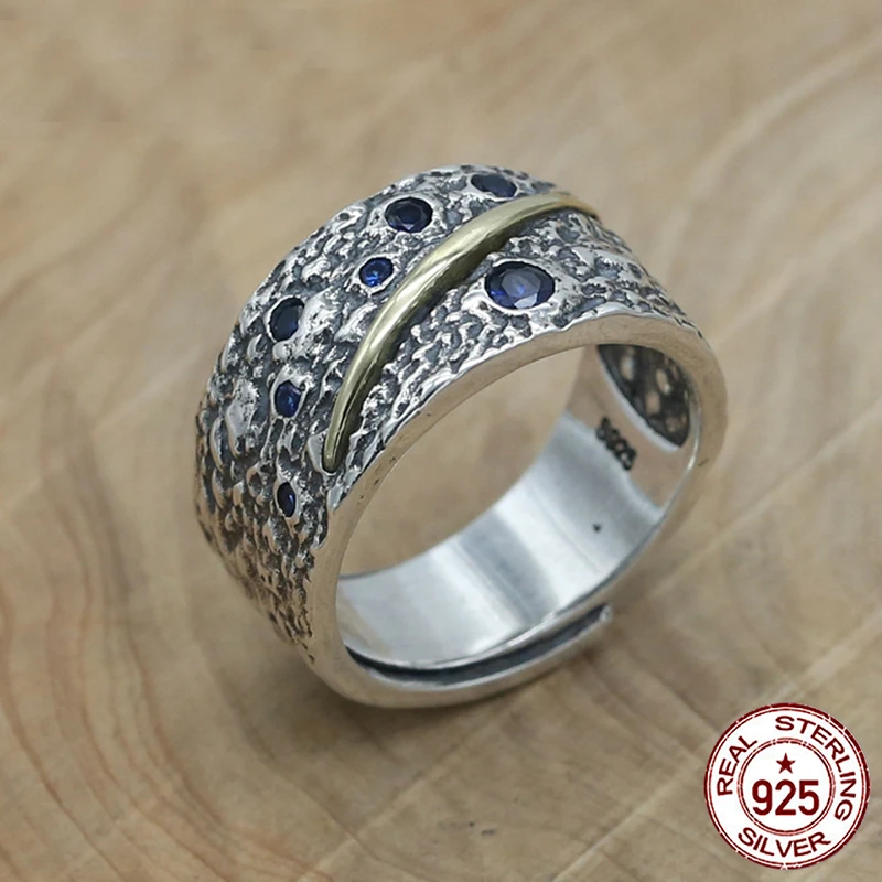 

100% S925 sterling silver men's ring personality fashion retro jewelry inlaid with meteorite star shape to send gifts for lovers