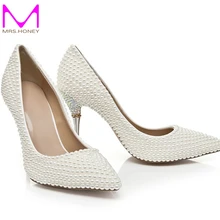 Europäischen und Amerikanischen Luxus Perle Spitz Hochzeit Schuhe Elfenbein Brautjungfer Schuhe mit hohen absätzen Partei Prom Kleid Pumpen