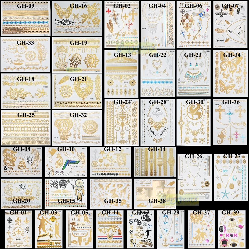 

Hot Sale 1PC GH Series Gold Silver Black Women Men Temporary Metallic Waterproof Flash Tattoo Cross Elephant Lion Eagle Tatuagem