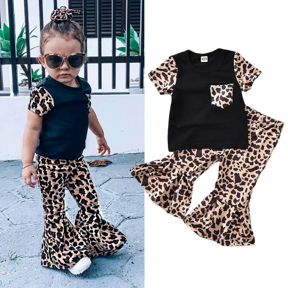 

2pcs Toddler Kids Baby Girl Leopard Clothes Sets Short Sleeve T-shirt Tops+Long Pants Outfits Set