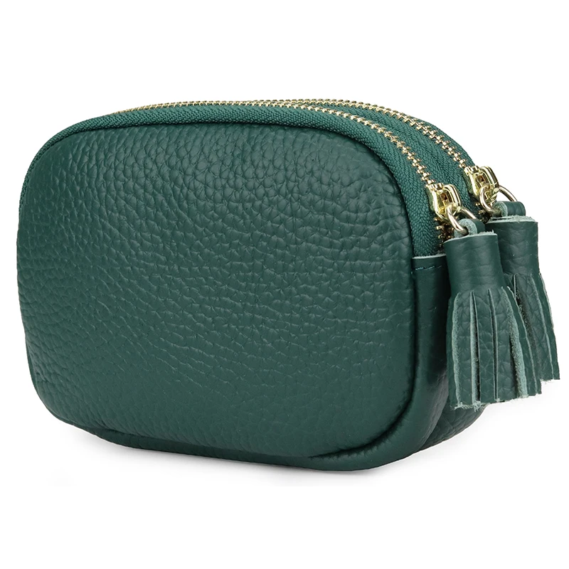 Green/Blue Coin Purse Double Zipper Genuine Leather Black Color Women Tassel Coin Wallets Fashion Gift Lady Purse Coin Wallet