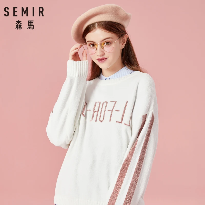 Koop Semir Vrouwen Contrasterende Zachte Gebreide Trui Met Kant Streep Op Mouw Vrouwen Trui Trui Boord Aan Crewneck Manchet En zoom