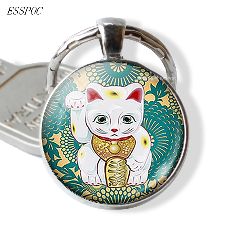 Модные аксессуары Манеки Неко Teal Lucky Cat брелок, Брелоки для ключей стеклянный купол брелок с кабошоном счастливый кот символ кулон ювелирные изделия