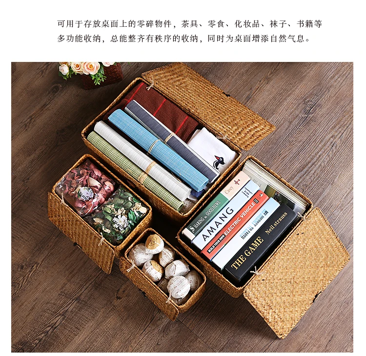 Handmade straw storage basket desktop debris covered rattan storage box home organization and storage woven basket ZP7181505