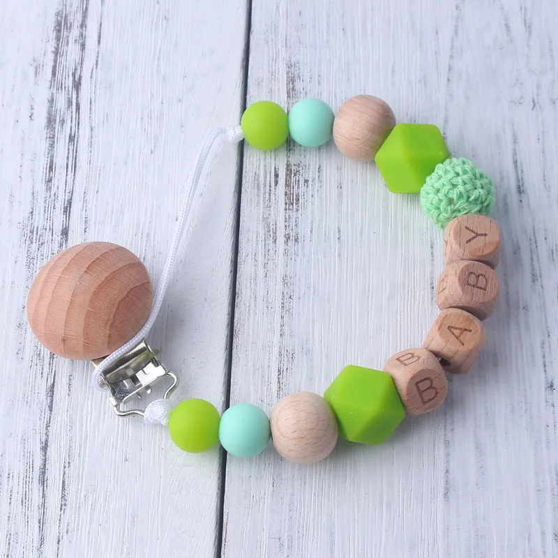 Baby Pacifier Clips DIY Pacifier Chain Wooden+ Silicone Beads Baby Teething Soother Chew Toys Wood Dummy Teether Clip Holder - Цвет: Green