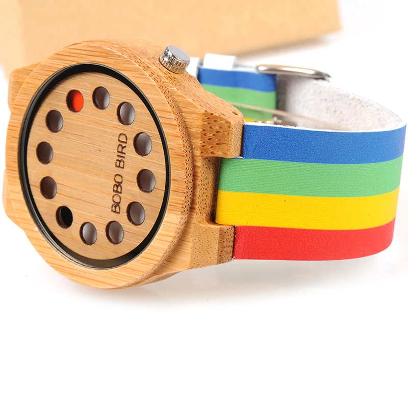 BOBO BIRD Bamboo Men Women Watch Colorful Leather Band 12 Holes Dial Face Classic Wood Watches for Men Women Accept Logo W-A01