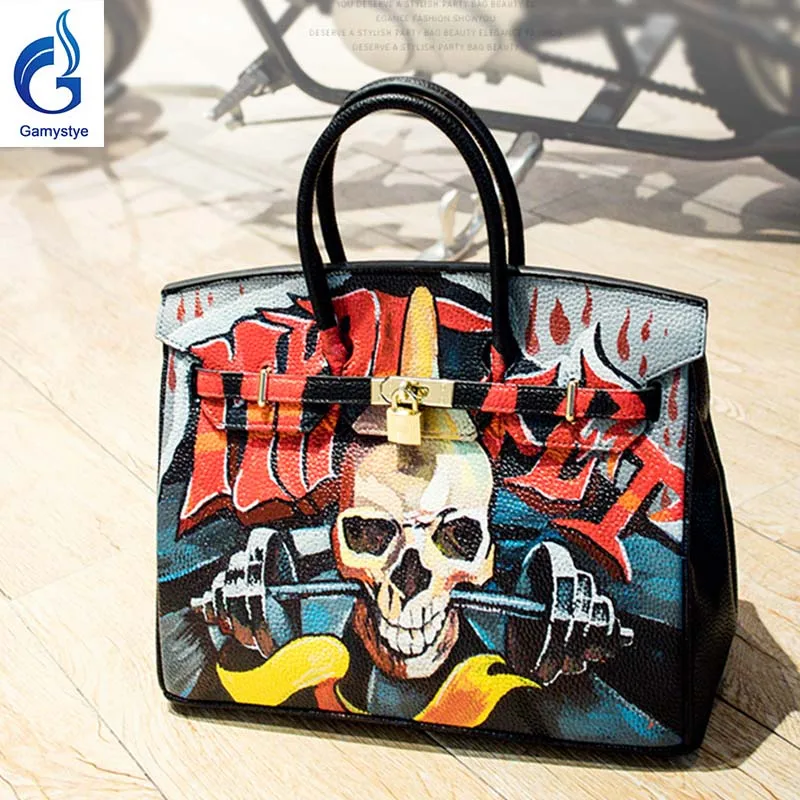

Graffiti custom bag women's bag female Leather Handbag lady totes Messenger Bags Hand Painted GRAFFITI ROCK SKULL bags Design YG