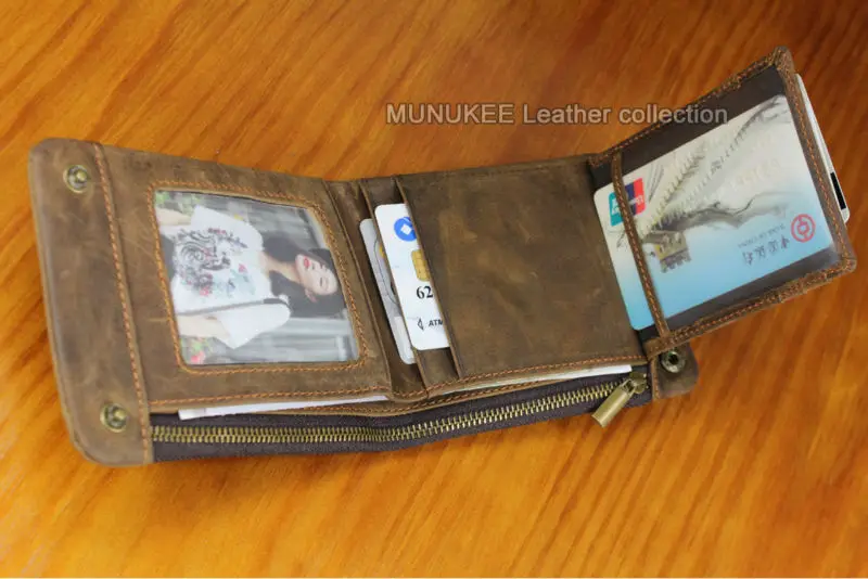 Винтажный бумажник из натуральной воловьей кожи, кожаный бумажник для мужчин, мужской двойной клатч, бумажник для монет, горизонтальный коричневый WF110