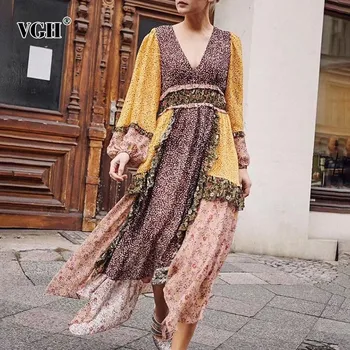 

VGH 2020 Vintage Print Hem Asymmetrical Women Dress Lantern Sleeve V Neck High Waist Summer Patchwork Dresses Female Fashion New