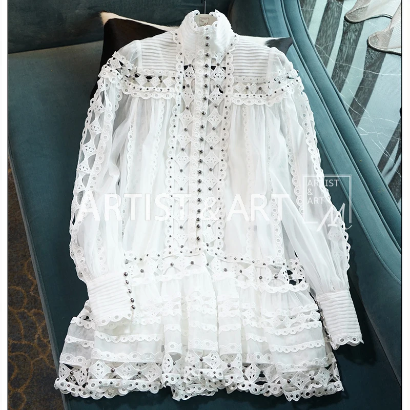 

Svoryxiu Summer Runway Elegant White Short Dress Women's Fashion Lantern Sleeve Hollow Ou Embroidery Vacation Party Style Dress