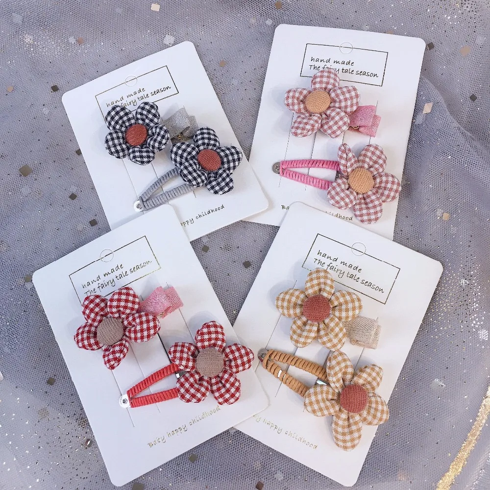 

Korea Handmade Cloth Fabric Cartoon Plaid Flower BB Hairpins Hair clips Children Girl Kids Head wear Set Accessories-SWC5