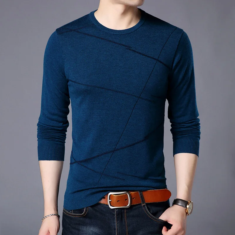 Новинка, модный брендовый свитер для мужчин, шерстяной пуловер, Приталенный джемпер, вязаный узор, Осенний корейский стиль, повседневная одежда для мужчин - Цвет: Тёмно-синий