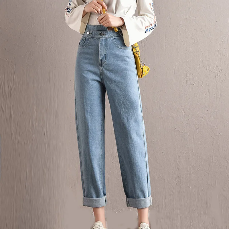 Джинсы с высокой талией женские хлопковые шаровары брюки свободные ремни женские джинсовые брюки джинсы винтажные прямые джинсы брюки