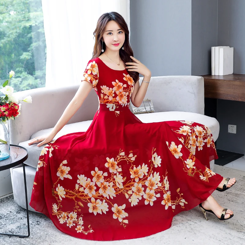 

Red,Black,Green Big Flowers Summer Dress Women Floral Print Temperament Long Chiffon Dresses Big Swing Female Vestidos M-XXXL
