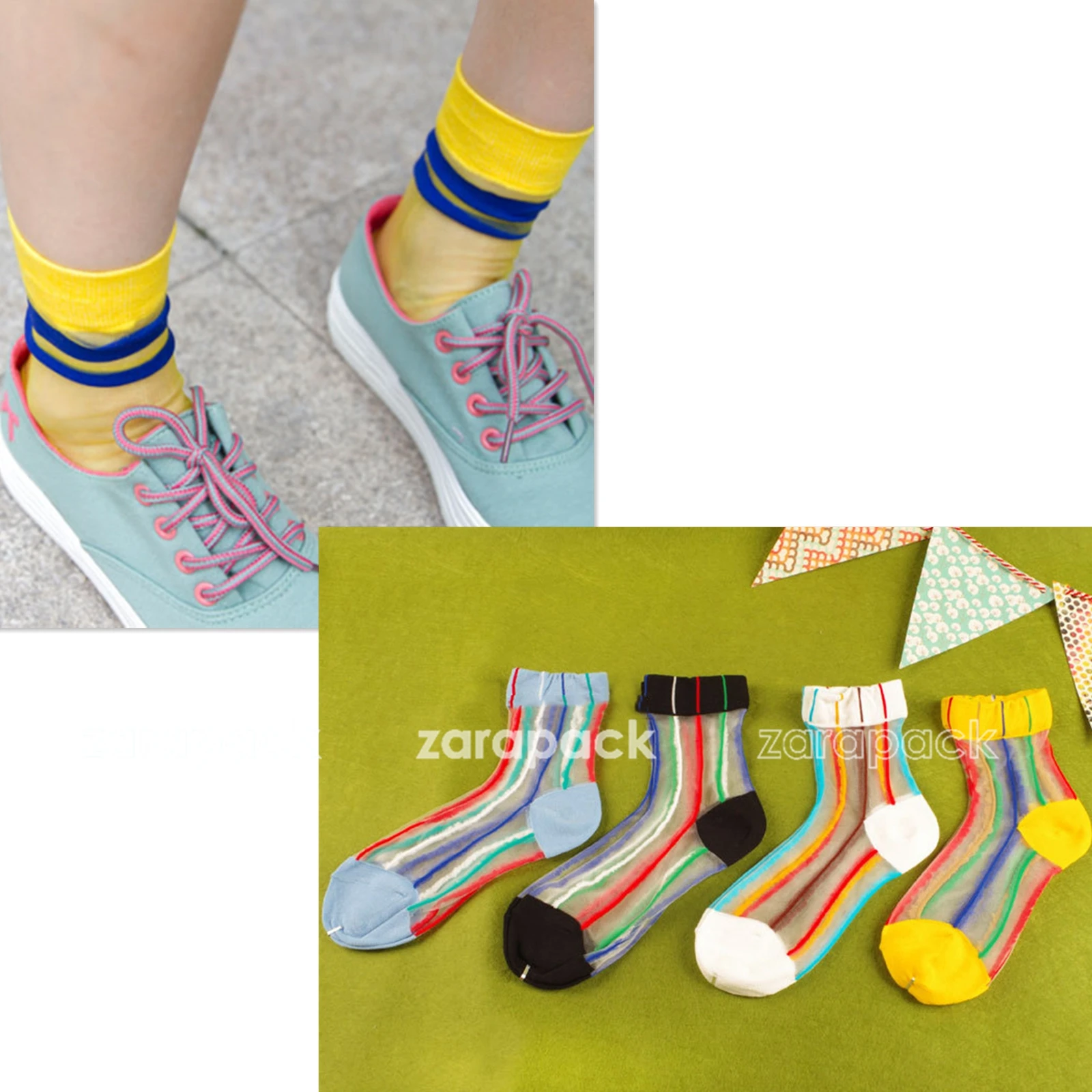 Designer 3 or 5 pcs Sheer Multi Color Ribbon Striped See Through Ankle