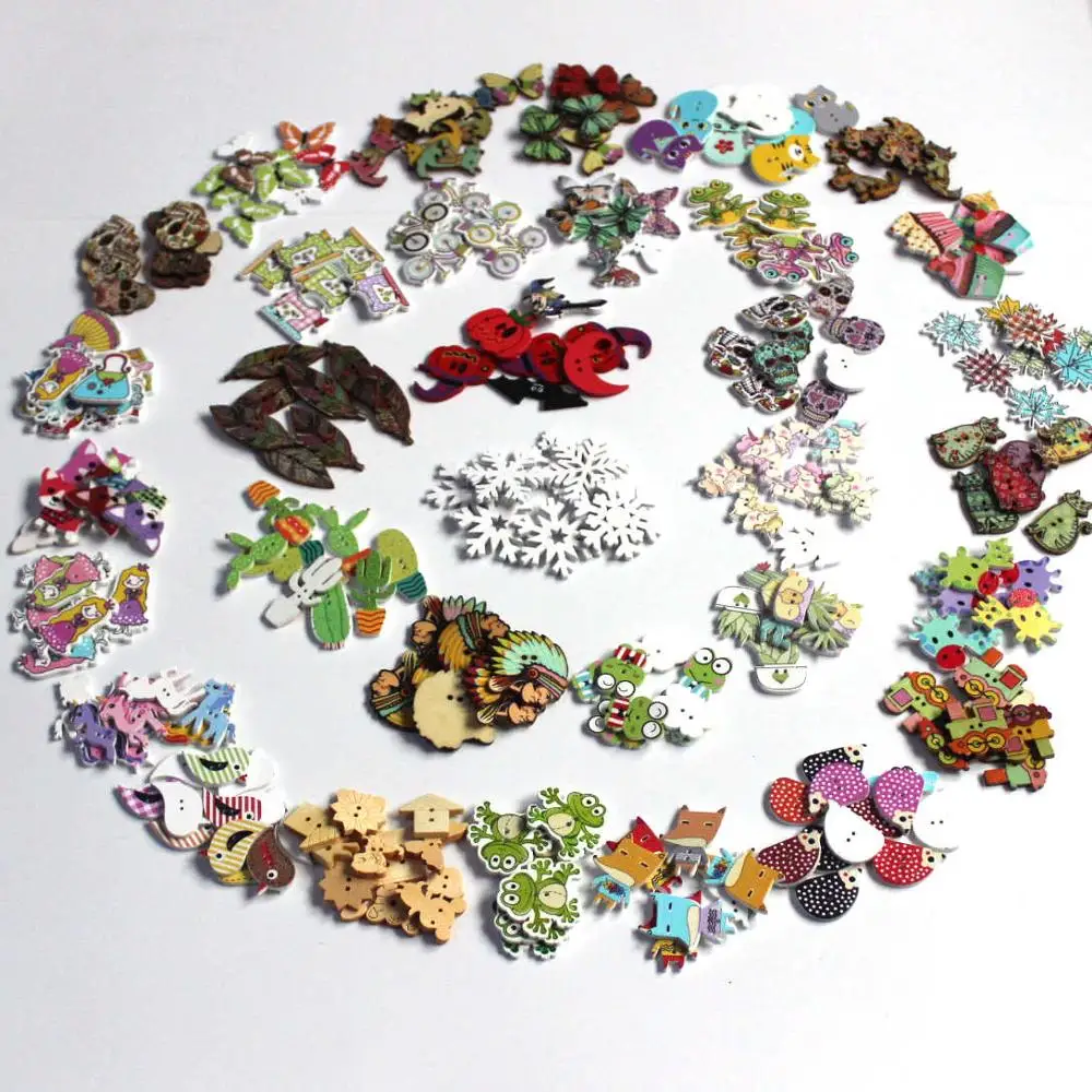 

30-50pcs/pack Cartoon Printing Wooden Buttons Hand Printed DIY Jewelry Colorful Mixed Wood Buttons For Hat Shoes Clothes L-4