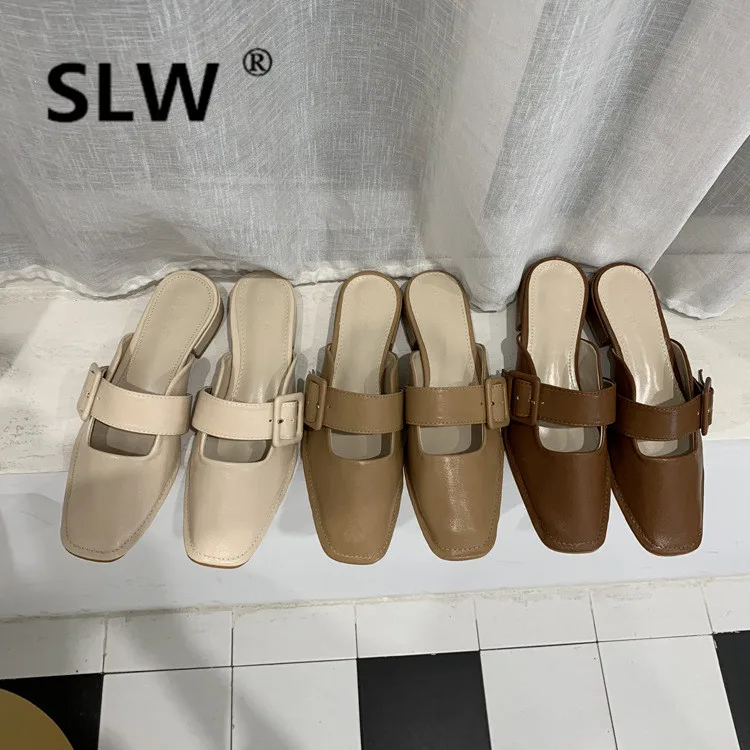 

Casual Hoof Heels mules Low women Buckle Strap loafer buckle belt Shallow closed toe Square Toe Leisure woman square