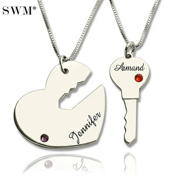 

Paired Pendants Key to And Heart Necklace Custom Name Necklaces Crystal Stone Collares Sterling Silver Pendant for Couple Bijoux