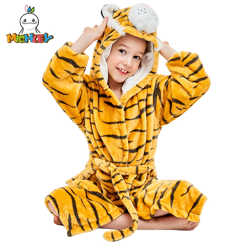 

MICHLEY Baby Robe Cartoon Hoodies Girl Boys Sleepwear Kids Adorable Hooded Children's Yellow Tiger Bathrobes Beach Pajamas