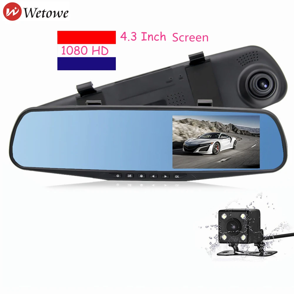 

Wetowe F16 Car Mirror Car Dash Camera Dash Cam 4.3'' DVR Dual Len HD 1080P Rear View Camera Rearview Dashcam Recorder Video