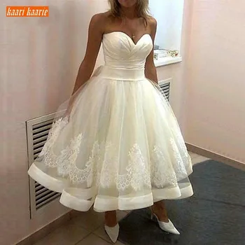 

Vintage White Satin Ball Gown Short Wedding Dresses Sweetheart Tulle Tea Length Wedding Gown Ivpry Lace Up Appliques Bride Dress