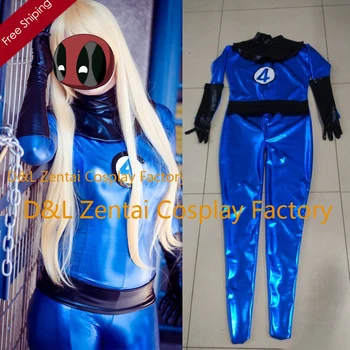 

Free Shipping DHL Adult Blue Fantastic Four Shiny Metallic Superhero Zentai Catsuit Dress Halloween Costume FT1420