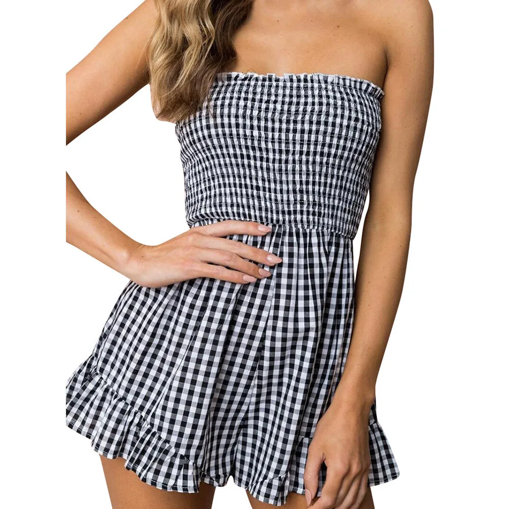 

Playsuit Women Sexy Printing Plaid Off Shoulder Sleeveless Mini Jumpsuit Romper Women Clubwear Top Summer Beach