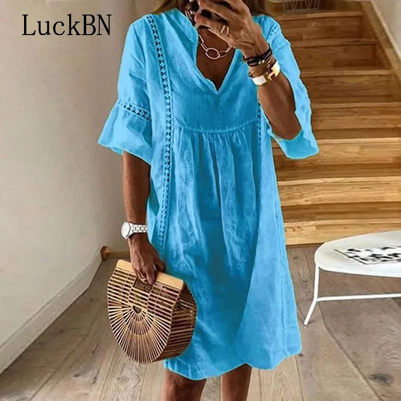 

2XL Sexy Hollow Out V-neck Sundress New 2019 Summer Dress Patchwork Beach Dresses Casual Short Sleeve Party Mini Dress Vestidos