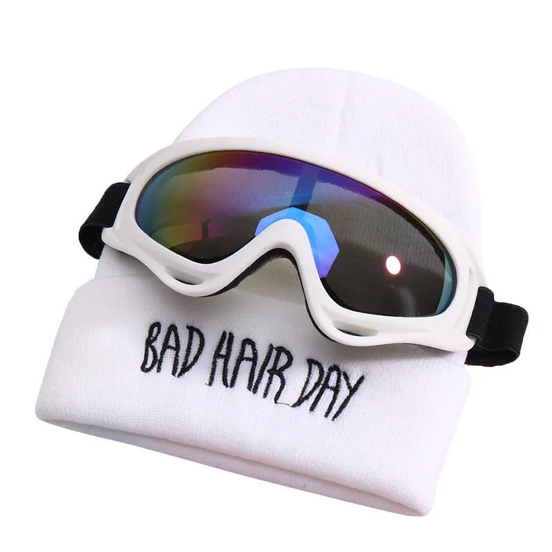 Зимняя теплая шапка для маленьких мальчиков и девочек с буквенным принтом; Вязаные Лыжные шапки+ детские очки; От 2 до 7 лет - Цвет: W