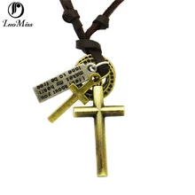 Real Leather Necklace Jewelry For Women men,Vintage Antique Bronze Necklaces Crown key Cross Circle Pendants Jewelry Gift crown key style cow leather necklace bronze dark brown