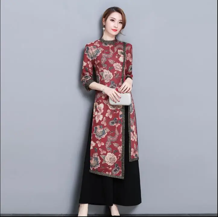 Модный Чонсам топ широкие брюки костюм женское традиционное китайское платье современный Ципао комплект из двух предметов Vestido Orie