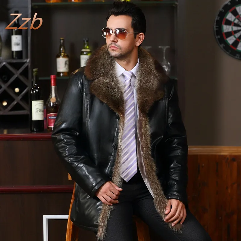 

Male Leather fur outerwear European Style Clothing sheepskin Winter Men's fur collar fleece lined Faux Leather jacket Warm Coat